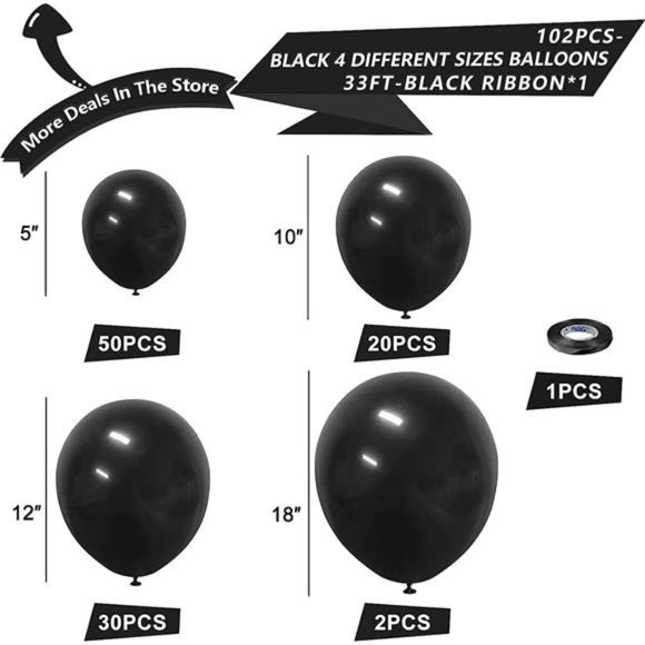 Black Latex Balloon Arch Kit,102PCS 18In 12In 10In 5In Arch Garland For Festival - Picture 2 of 6